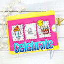 A handmade paper card with a bright pink center, yellow polka-dot layered borders, and the word 'Celebrate' in large blue letters. Three die-cut sticker-style panels show a dessert, the phrase 'Let the fun begin,' and a birthday cake with a yellow balloon.