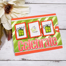 A handmade greeting card with green and white diagonal stripes, orange borders, and the word 'Celebrate' in large pink letters. Two decorative gift boxes and a central card reading 'Let the fun begin' are attached to the front.