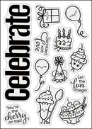 A sheet of clear vinyl or plastic stickers with black cartoon illustrations and text, including the word 'Celebrate' in large bold letters, a gift box, balloons, a birthday cake, cupcakes, ice cream cones, a party hat, and phrases like 'Sparkled with love' and 'Let the fun begin' on a white background.