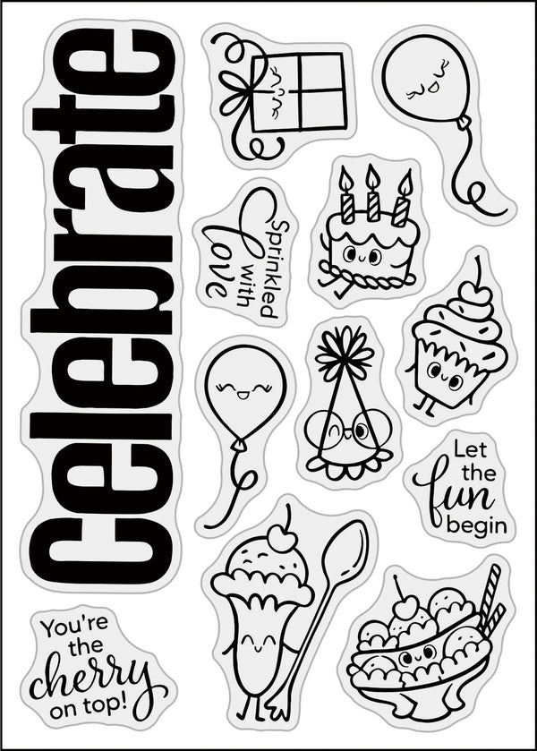 A sheet of clear vinyl or plastic stickers with black cartoon illustrations and text, including the word 'Celebrate' in large bold letters, a gift box, balloons, a birthday cake, cupcakes, ice cream cones, a party hat, and phrases like 'Sparkled with love' and 'Let the fun begin' on a white background.