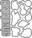 A sheet of die-cut foam stickers or appliqué pieces in assorted organic shapes, shown on a white background with a faint grid. The leftmost piece is a vertical rectangular shape with cutout letter-like sections, and the rest are irregular blobs and curved forms outlined in black.