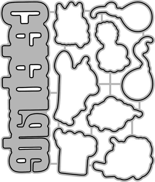 A sheet of die-cut foam stickers or appliqué pieces in assorted organic shapes, shown on a white background with a faint grid. The leftmost piece is a vertical rectangular shape with cutout letter-like sections, and the rest are irregular blobs and curved forms outlined in black.