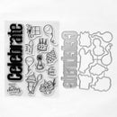 Clear stamp set with black printed designs and text, shown beside matching metal die-cut cutting mats on a white background.