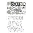 A clear stamp set featuring various party and celebration-themed designs, including a large 'Celebrate' word stamp, party hats, balloons, a gift box, and other festive outlines, displayed on a white background.