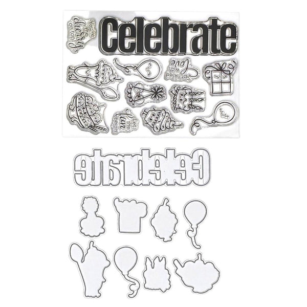 A clear stamp set featuring various party and celebration-themed designs, including a large 'Celebrate' word stamp, party hats, balloons, a gift box, and other festive outlines, displayed on a white background.