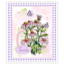 A square greeting card featuring pink coneflowers, two purple butterflies, and the word 'Thanks' on a pastel watercolor-style background with a purple plaid border.
