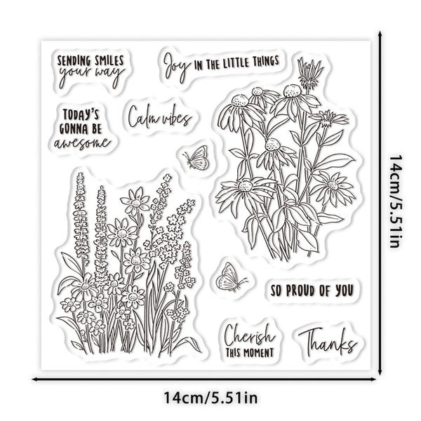 A clear stamp sheet with black floral and quote designs, shown on a white background with dimension markers reading 14cm/5.51in on both width and height.