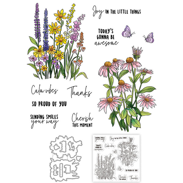 Clear stamp set sheet featuring floral illustrations, butterflies, and inspirational phrases on a white background, with a small preview of the stamp layout and a die-cut template shown below.