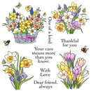 A square graphic design featuring four illustrated flower bouquets with daffodils, crocuses, and small bees, surrounded by handwritten-style text messages including 'One of a kind,' 'Thankful for you,' 'Your care means more than you know,' 'With Love,' and 'Dear friend, always' on a white background.