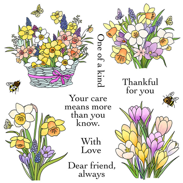A square graphic design featuring four illustrated flower bouquets with daffodils, crocuses, and small bees, surrounded by handwritten-style text messages including 'One of a kind,' 'Thankful for you,' 'Your care means more than you know,' 'With Love,' and 'Dear friend, always' on a white background.