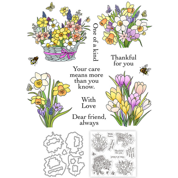 A sheet of floral-themed craft stamps or decals showing illustrated flower arrangements, bumblebees, and handwritten-style phrases such as 'One of a kind,' 'Thankful for you,' 'Your care means more than you know,' 'With Love,' and 'Dear friend, always.' Black outline stamp blocks are shown at the bottom left, and a smaller preview of the stamp sheet appears at the bottom right on a white background.