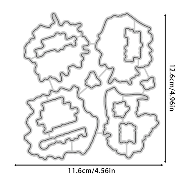 Four irregular-shaped metal die-cut templates arranged in a 2x2 grid on a white background, with dimension arrows and text showing 11.6cm/4.