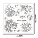 A sheet of clear stamp designs featuring floral line drawings and sentimental phrases, shown on a white background with dimension markers indicating 14cm/5.51in on each side.