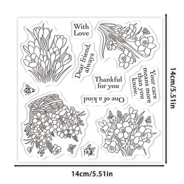 A sheet of clear stamp designs featuring floral line drawings and sentimental phrases, shown on a white background with dimension markers indicating 14cm/5.51in on each side.
