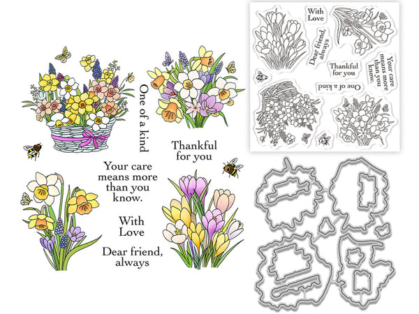 A craft design sheet featuring colorful spring flower illustrations, floral text quotes, and metal cutting dies on a white background.