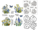 A floral stamp and die set featuring illustrated spring flowers, butterflies, and inspirational phrases. The set includes colored floral designs, black-and-white line-art stamp designs, and matching metal die cut shapes on a white background.