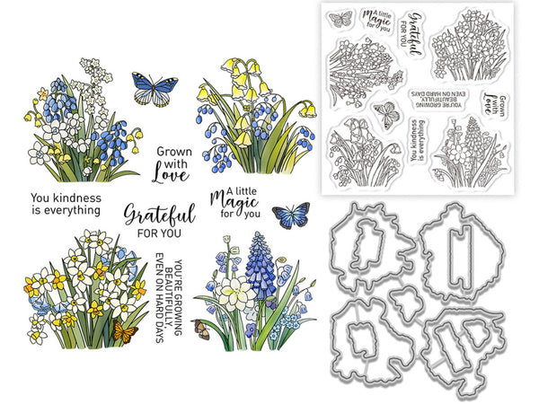 A floral stamp and die set featuring illustrated spring flowers, butterflies, and inspirational phrases. The set includes colored floral designs, black-and-white line-art stamp designs, and matching metal die cut shapes on a white background.