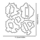Four irregular metal cutting dies arranged in a 2x2 grid on a white background, with dimension arrows and text showing 11.3 cm / 4.