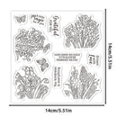 Clear stamp sheet featuring black line-art illustrations of spring flowers, butterflies, and inspirational phrases, shown with dimension markers of 14cm/5.1in on each side.