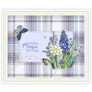 A square greeting card or art print with a plaid border in soft lavender, blue, and white tones. The center features a pale lavender panel with the phrase “A little Magic for you,” decorated with illustrated blue flowers, a butterfly, a bee, and a thin gold vine.