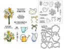 A clear stamp set sheet and matching metal stamp dies displayed on a white background. The stamp designs include yellow and white daffodils, a white teapot with blue birds, yellow ribbons, a blue polka-dot teacup, a gold watering can, a blue-and-white polka-dot pitcher, and several sentimental phrases such as 'You're the kind of friend I'd keep FOREVER' and 'SO THANKFUL we found each other.