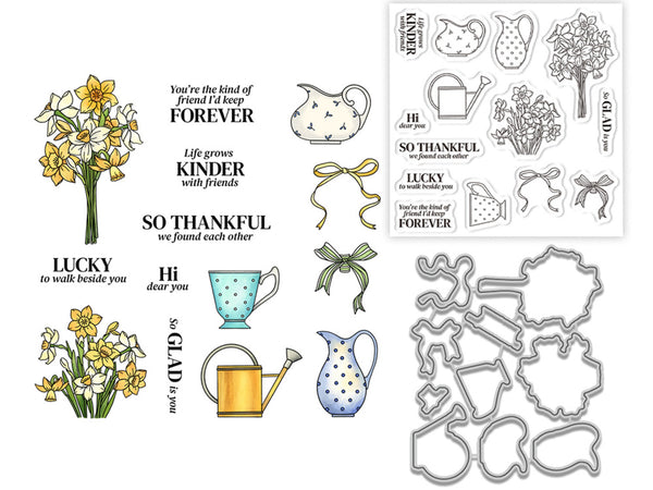 A clear stamp set sheet and matching metal stamp dies displayed on a white background. The stamp designs include yellow and white daffodils, a white teapot with blue birds, yellow ribbons, a blue polka-dot teacup, a gold watering can, a blue-and-white polka-dot pitcher, and several sentimental phrases such as 'You're the kind of friend I'd keep FOREVER' and 'SO THANKFUL we found each other.