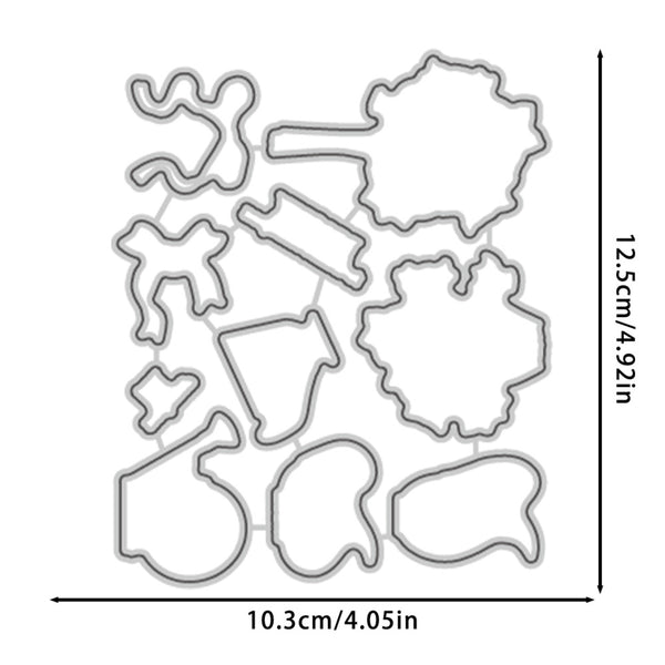 A sheet of irregular die-cut shapes outlined in gray on a white background, with dimension arrows and text showing 12.5cm/4.