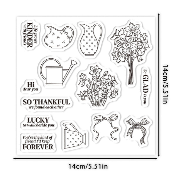 A sheet of clear acrylic or rubber stamps with black line-art designs and phrases, shown on a white background with dimension markers reading 14cm/5.1in on both width and height.