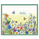 A square spring-themed greeting card or art print featuring a green border, a pale yellow center, and illustrated flowers, butterflies, a bird, and the word 'Hello' in green text.