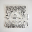 A clear acrylic stamp set featuring black floral and botanical line art, tulip fields, butterflies, and phrases like 'Most wonderful time of year,' 'Hello,' and 'you're so kind,' shown on a plain white background.