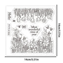 A clear acrylic or rubber stamp sheet shown on a white background with dimension markers. The stamp features black line-art illustrations of tulips, flowers, bees, butterflies, grass, a bird, and text reading 'Hello', 'you're so kind', and 'Most wonderful time of year'.