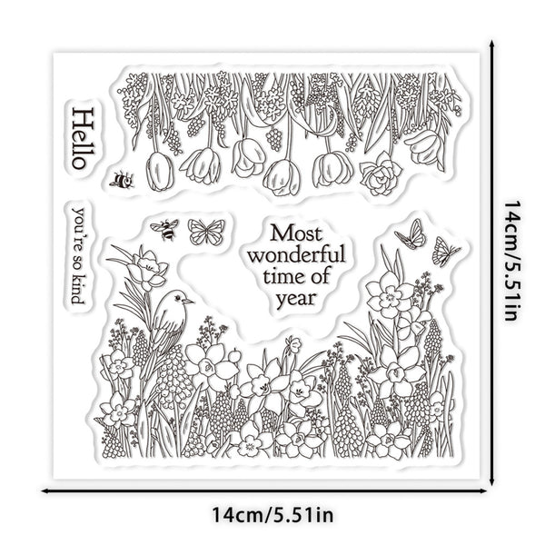 A clear acrylic or rubber stamp sheet shown on a white background with dimension markers. The stamp features black line-art illustrations of tulips, flowers, bees, butterflies, grass, a bird, and text reading 'Hello', 'you're so kind', and 'Most wonderful time of year'.