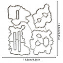 Four irregular metal cutout templates arranged on a white background, with dimension arrows and labels showing 11.6 cm / 4.
