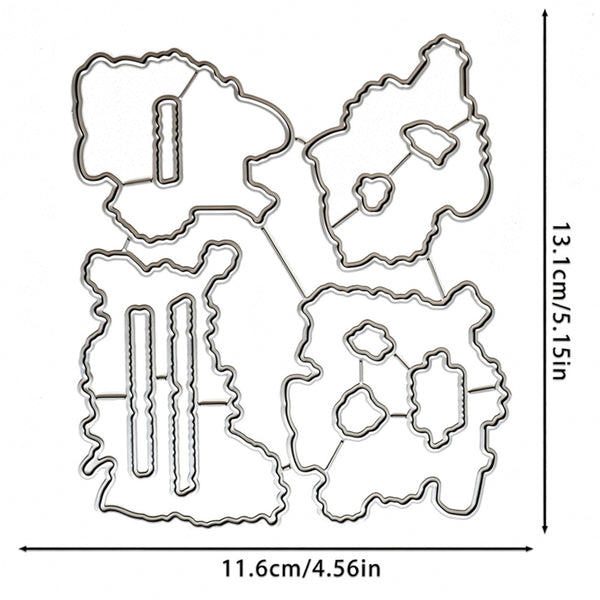 Four irregular metal cutout templates arranged on a white background, with dimension arrows and labels showing 11.6 cm / 4.