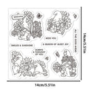 A sheet of four clear stamp designs featuring black line art illustrations of gnomes, sunflowers, butterflies, and decorative text, shown with dimension markers of 14cm/5.1in on a white background.