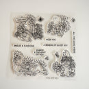A set of four clear acrylic or rubber stamp designs arranged on a white backing sheet. The stamps feature black line art illustrations of sunflowers, butterflies, and a woman carrying a basket of flowers, with decorative text including 'Welcome', 'SMILES & SUNSHINE', 'A SEASON OF QUIET JOY', 'ALWAYS A THOUGHT OF YOU', and 'MISS YOU'.