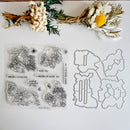 Clear acrylic stamp set with floral and text designs displayed alongside matching metal die-cut templates on a white background, styled with dried flowers at the top.