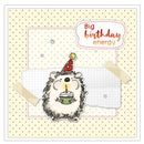A square birthday-themed card or scrapbook-style design featuring a cartoon hedgehog wearing a party hat and holding a cupcake, with torn paper elements and the text 'Big birthday energy' in a speech bubble. The background is cream with small tan polka dots.