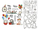 A sheet of clear stamps and matching metal die cut shapes featuring cute woodland animal birthday-themed illustrations, including a hedgehog, otter, elephant, mouse, raccoon, fox, and line-art phrases such as 'Hope your birthday is on point' and 'Big birthday energy thinking of you.'.