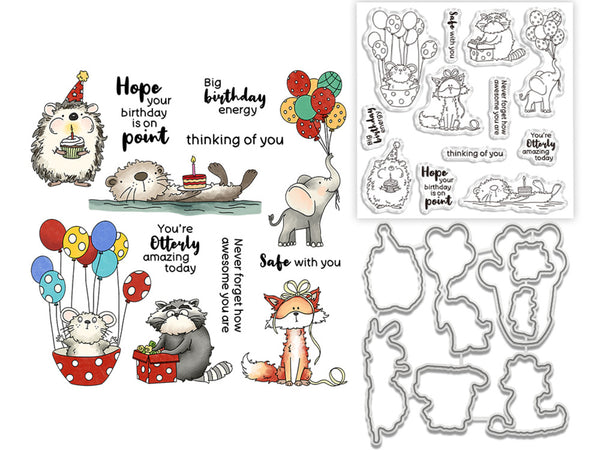 A sheet of clear stamps and matching metal die cut shapes featuring cute woodland animal birthday-themed illustrations, including a hedgehog, otter, elephant, mouse, raccoon, fox, and line-art phrases such as 'Hope your birthday is on point' and 'Big birthday energy thinking of you.'.
