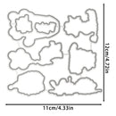 A set of irregular-shaped metal cutting or stamping dies arranged on a white background, with dimension arrows and labels showing 11 cm by 12 cm (4.33 in by 4.