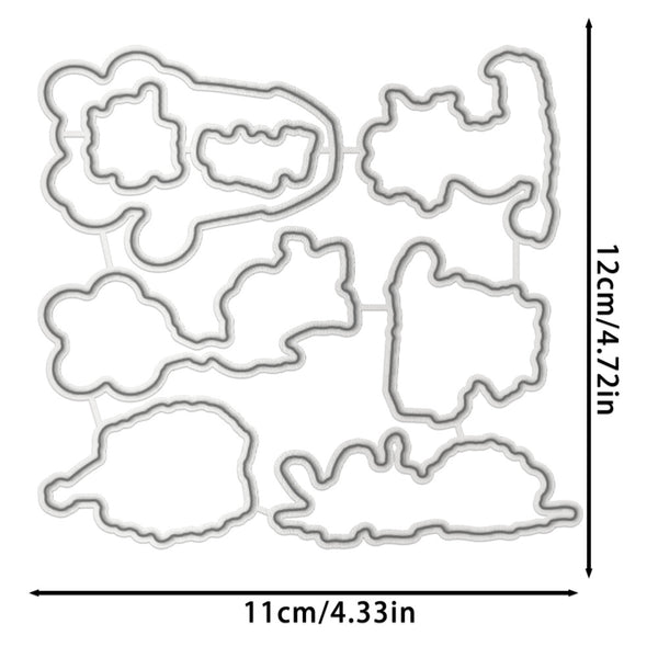 A set of irregular-shaped metal cutting or stamping dies arranged on a white background, with dimension arrows and labels showing 11 cm by 12 cm (4.33 in by 4.