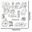 A sheet of clear acrylic or rubber stamps with black line-art illustrations and birthday-themed phrases, shown on a white background with dimension markers reading 14cm/5.51in.