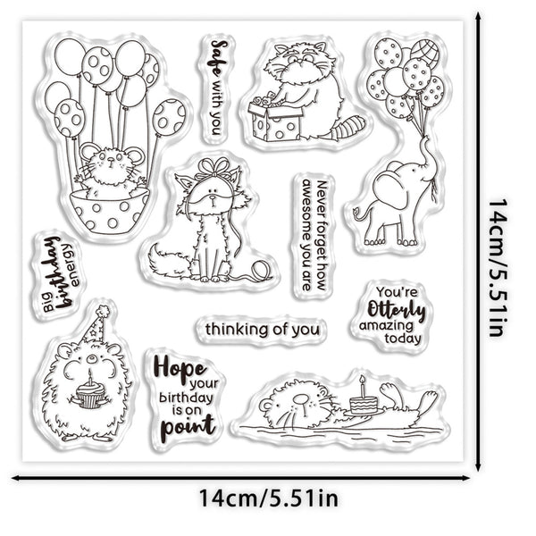 A sheet of clear acrylic or rubber stamps with black line-art illustrations and birthday-themed phrases, shown on a white background with dimension markers reading 14cm/5.51in.