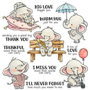 A collection of cute watercolor-style elephant illustrations with affectionate text messages, including 'BIG LOVE bigger you', 'WARM HUG just for you', 'THANK YOU', 'TRUNKFUL more than words can carry', 'A ton of LOVE for you', 'I MISS YOU more than words can carry', and 'I'LL NEVER FORGET how much you mean to me'.