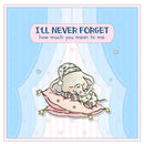 A square baby shower favor card or print featuring a cute cartoon elephant sleeping on pink pillows under a pastel blue curtain backdrop. A pink label at the top reads, 'I'LL NEVER FORGET how much you mean to me.