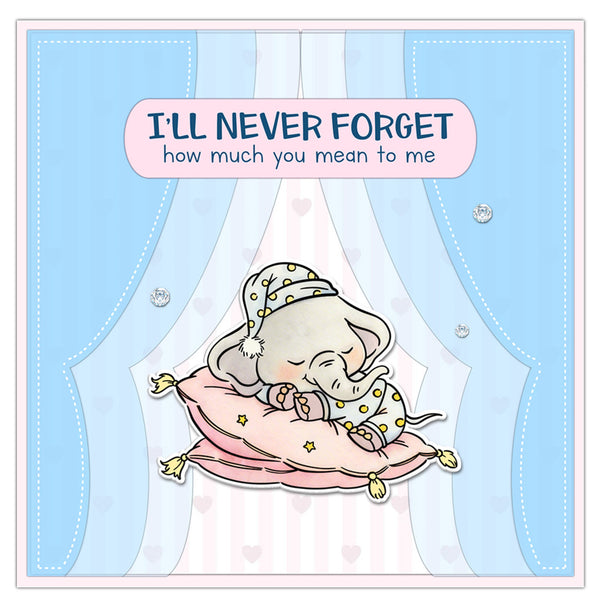 A square baby shower favor card or print featuring a cute cartoon elephant sleeping on pink pillows under a pastel blue curtain backdrop. A pink label at the top reads, 'I'LL NEVER FORGET how much you mean to me.