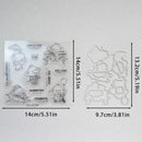 Clear stamp sheet and metal cutting dies shown on a light gray background with printed dimensions in centimeters and inches.