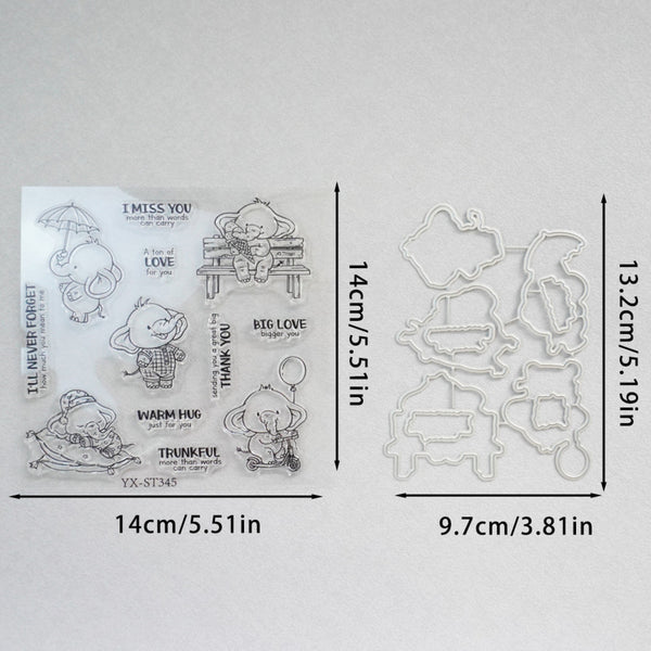 Clear stamp sheet and metal cutting dies shown on a light gray background with printed dimensions in centimeters and inches.