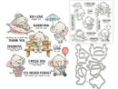 A sheet of clear stamp designs and matching metal die cut shapes featuring cute cartoon elephants with phrases like 'BIG LOVE', 'WARM HUG', 'I MISS YOU', and 'I'LL NEVER FORGET' on a white background.
